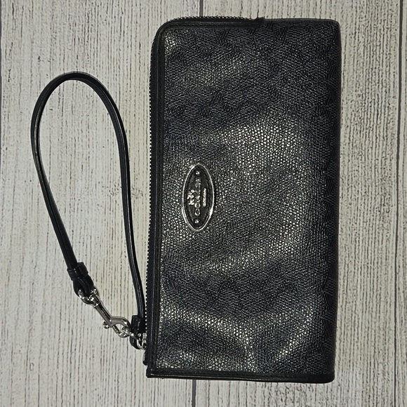 Coach Zip Signature Canvas Pebbled Leather Wristlet Black - Picture 1 of 13